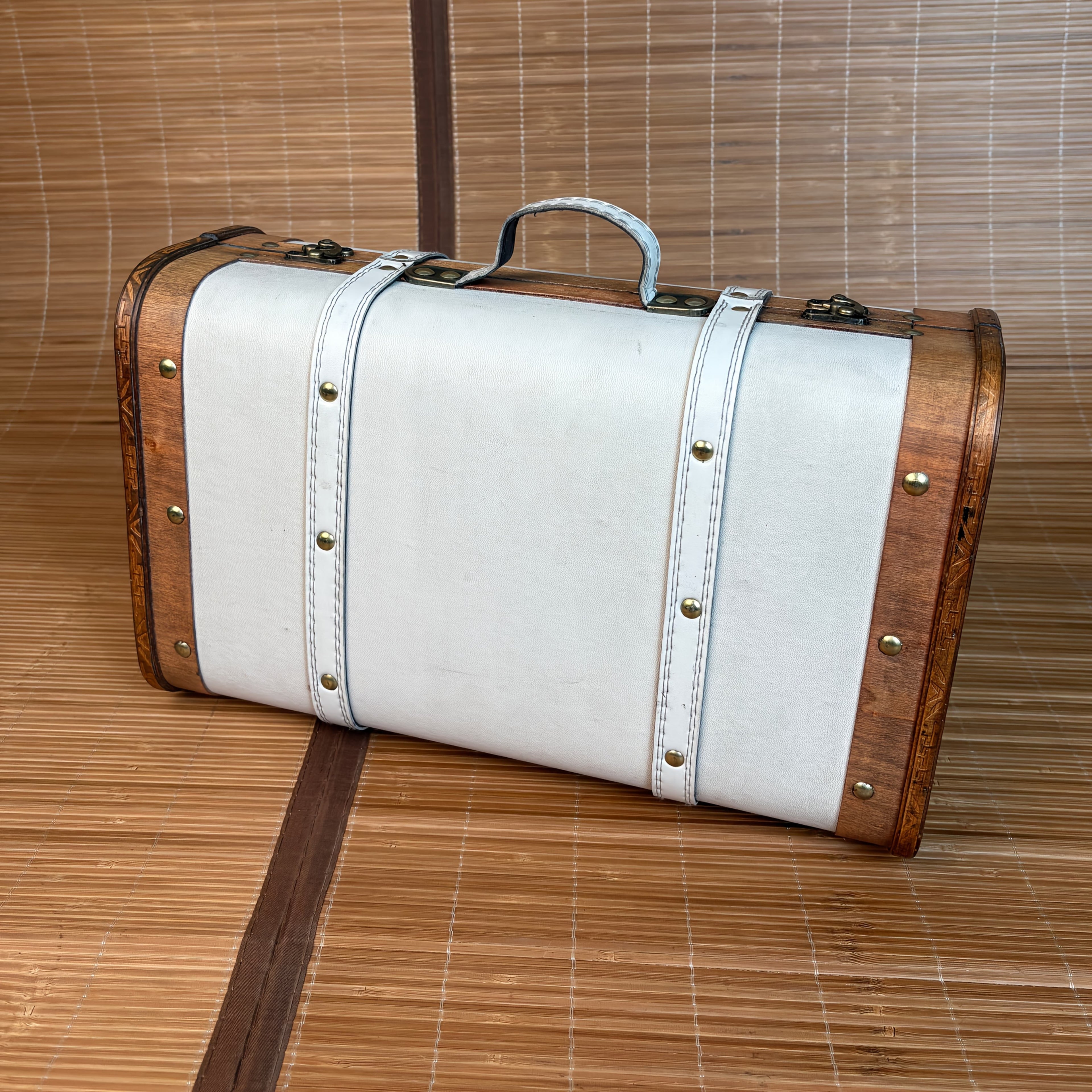 NNETM Vintage Cream Wooden Storage Suitcase with Handle